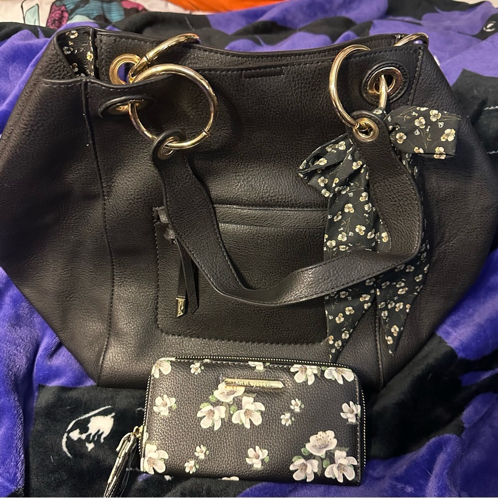 Black Leather Tote Bag with Floral Scarf Accent